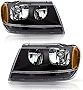 BRYGHT Headlight Assembly Fit for 1999-2004 Jeep Grand Cherokee Passenger and Driver Side Halogen Replacement OE Headlamp Black Housing with Amber Reflector