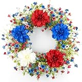 VioletEverGarden 22 Inch 4th of July Wreaths for Front Door Artificial Patriotic Wreath Red White and Blue Wreath with Dahlia for Independence Day Memorial Day Flag Day Decor