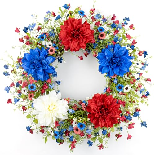 VioletEverGarden 22 Inch 4th of July Wreaths for Front Door Artificial Patriotic Wreath Red White and Blue Wreath with Dahlia for Independence Day Memorial Day Flag Day Decor