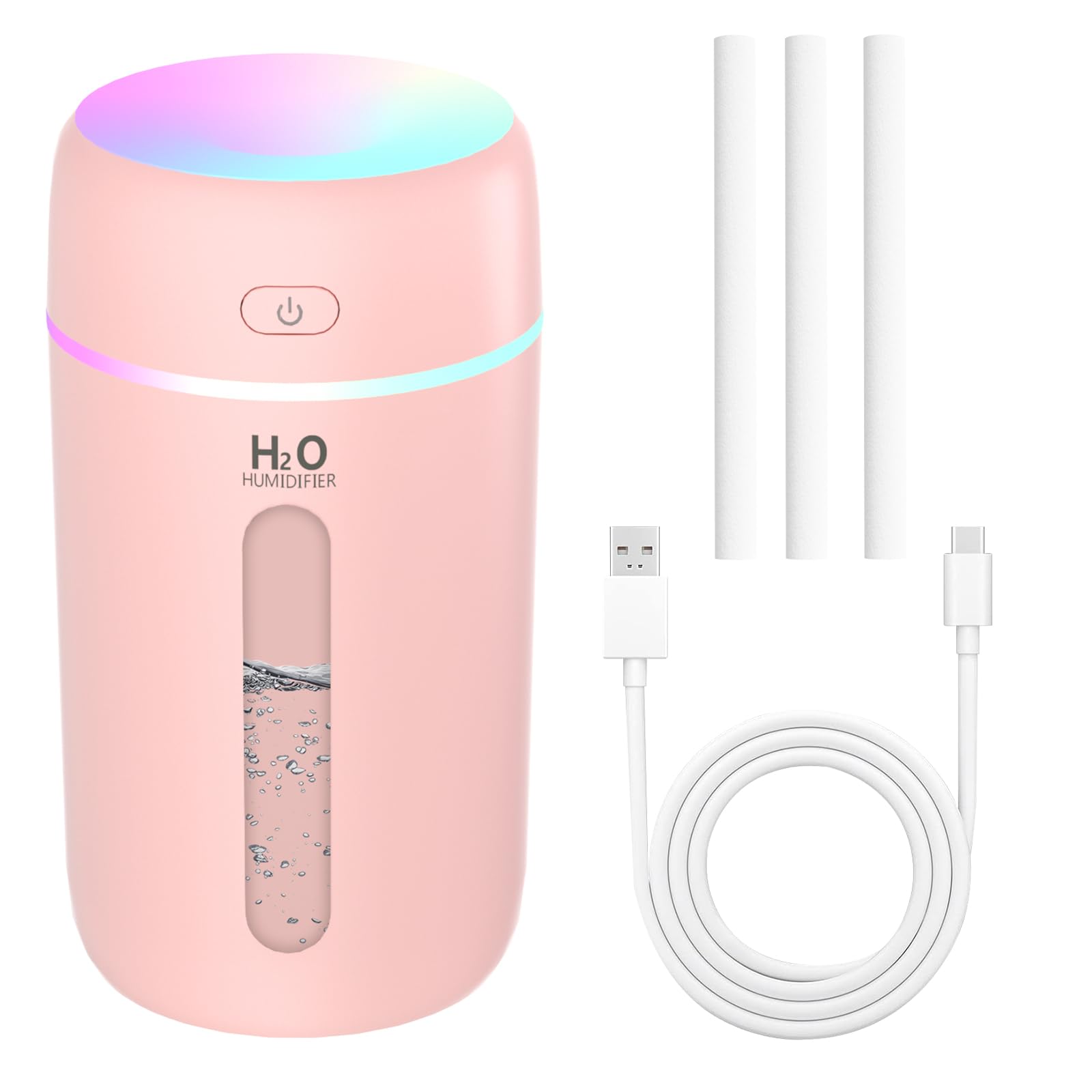 KARFUN Humidificador de Aire, Mini Humidificador Portátil, 7 Luces de Color, 26dB Silencioso, Apagado Automático, para Oficina, habitación de niños, Dormitorio, Coche (250ml Rosa)