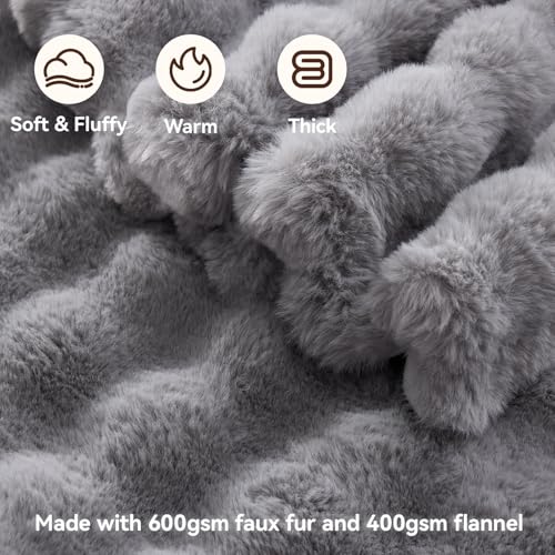 Faux Fur Throw Blanket, 1000GSM Fluffy Soft Bubble Blanket for Couch Bed, Cozy Plush Warm and Thick Blanket, Fuzzy Rabbit Lola Throw for Living Room Bedroom 60''*80'' Light Grey