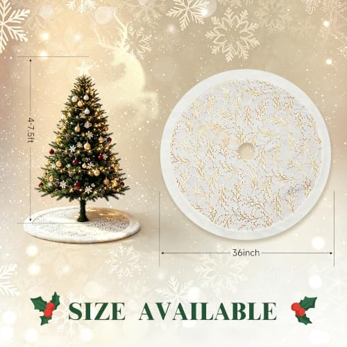 36 Inch White Christmas Tree Skirt, Large Xmas Tree Skirts w/Gold Branch - image 2