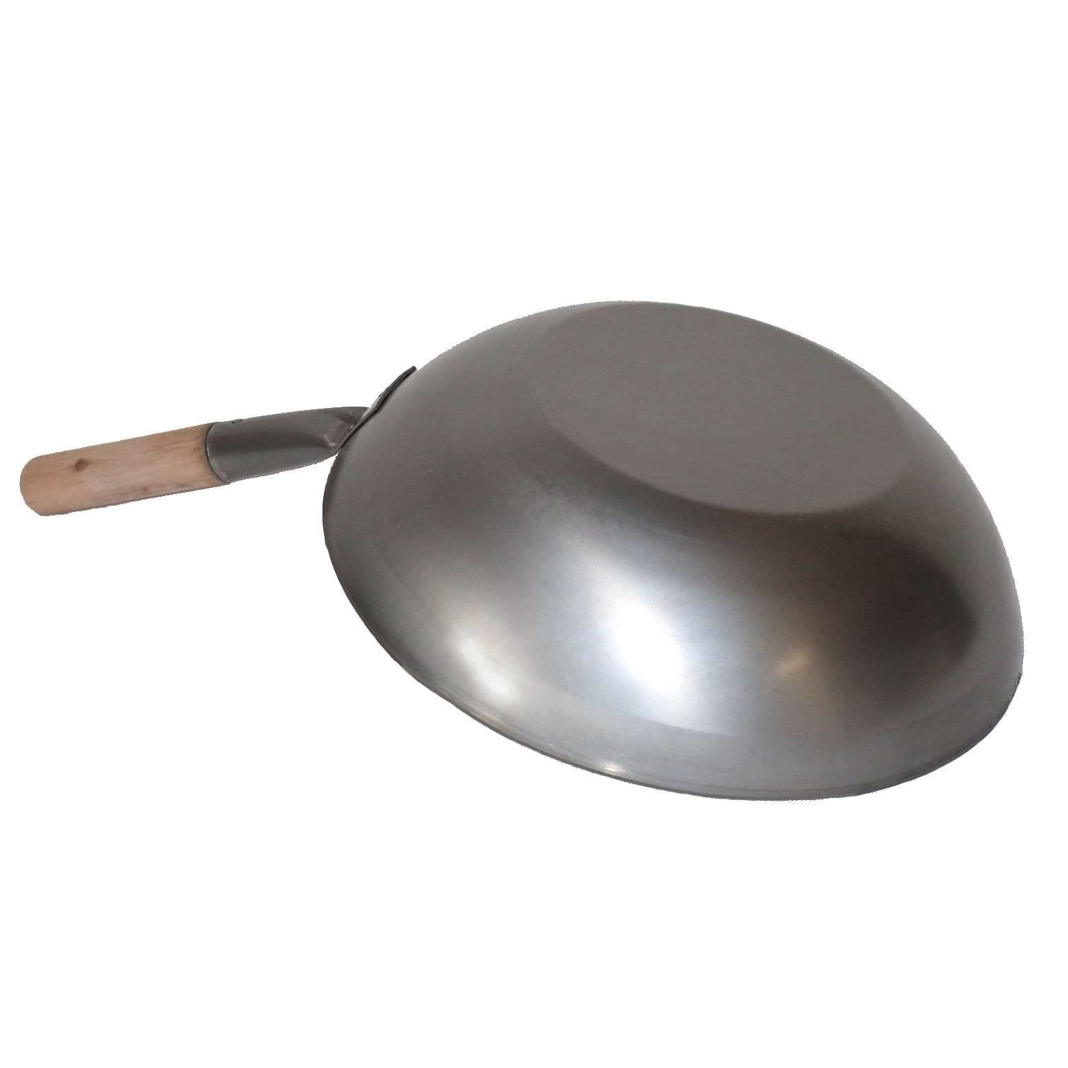 Wok Pfanne Flacher Boden Ø 40 cm aus Karbon Stahl, für Gas und Induktionskochfelder, mit Holzgriff