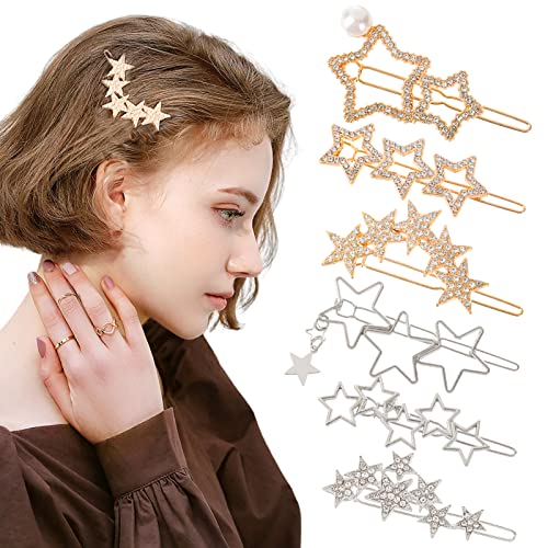Star Hair Clips 6Pcs Star Hair Barrettes Star Hair Pins Non-Slip Metal Hair Clips Rhinestone Hair Clips Pearl Hair Clips Silver Golden Hollow Geometric Hairpins For Women Star Hair Accessories #TOP6