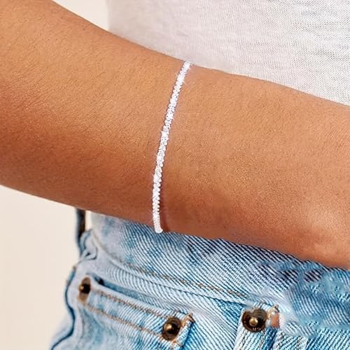 QLKILYR Silver Link Bracelet for Women, 14K White Gold Plated Hypoallergenic Lightweight Cute Sparkle Chain Bracelet, Small Adjustable Shiny Simple Bracelet4