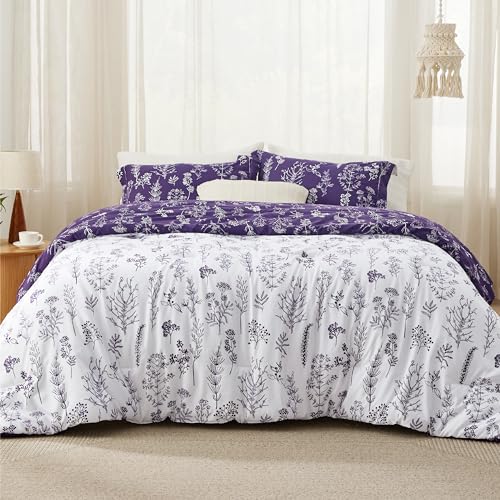 Image of Bedsure Full Comforter Set - Dark Purple Bed Set, 3 Pieces Cute Floral Bedding, 1 Soft Reversible Botanical Flowers Comforter and 2 Pillow Shams