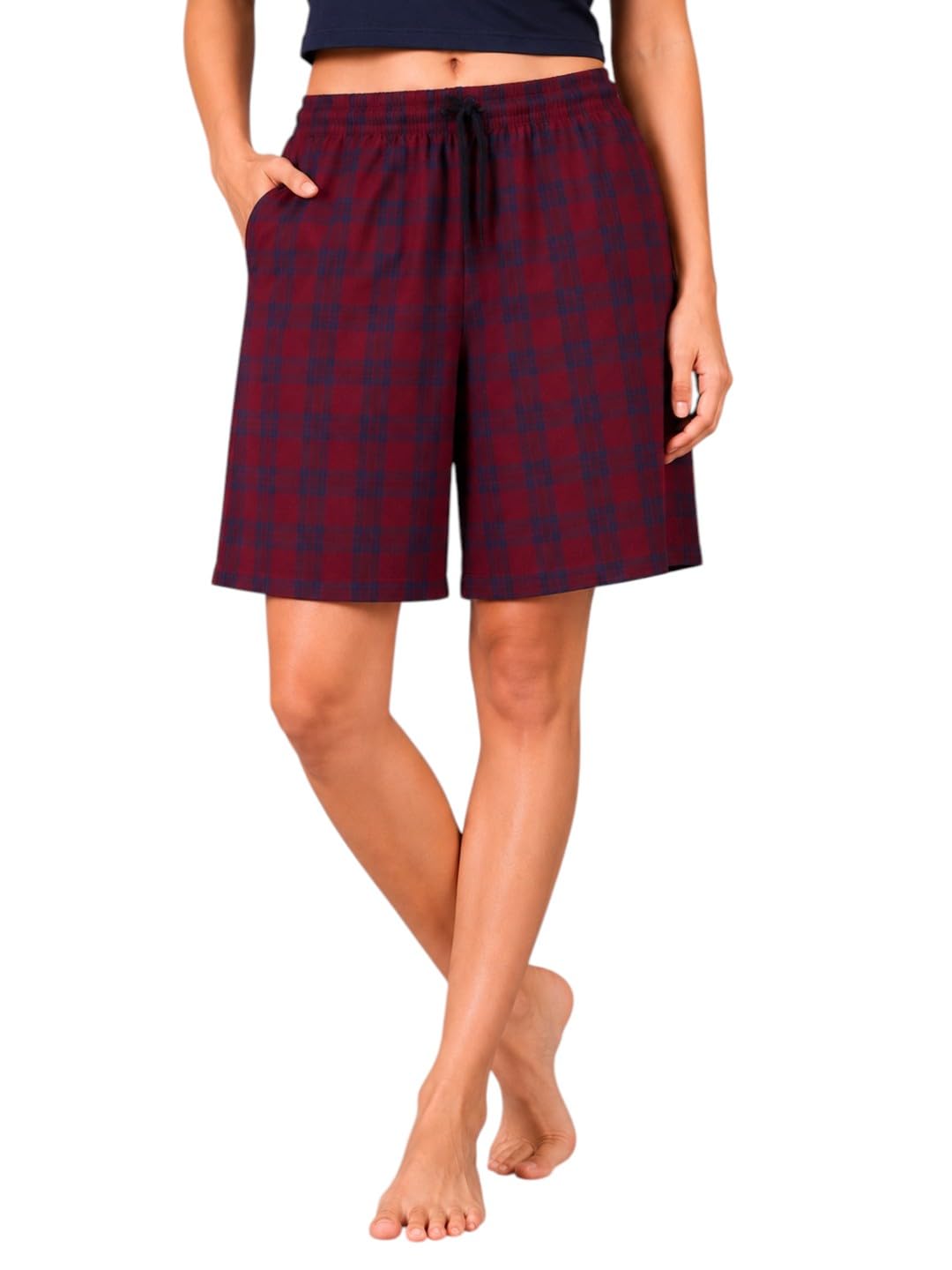 kryptic Women Shorts Pure Cotton Relaxed Fit Checked Night Shorts with Side Pocket Adjustable Waist Lounge Shorts Sleep Shorts-picture-28
