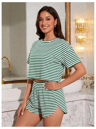 Image of OYOANGLE Womens Pajama Sets 2 Piece Sexy Lounge Sets Summer Cute Pjs Striped Print Tee and Side Split Shorts Set