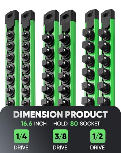 Image of ALOANES Magnetic Socket Organizer Set, 6PC Heavy Duty Aluminum Socket Holder Organizer, 360 Swivel Clips Socket Holder Kit for Toolbox Drawer Fit 1 /2, 3 /8, 1 /4-Inch x 80 Clips (Green, 6PC)
