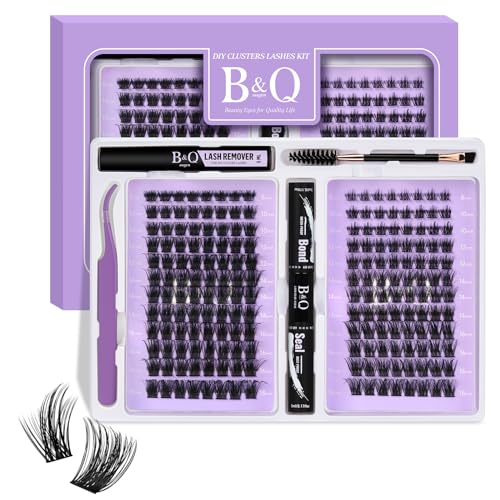 B&Q Lash Extension Kit 192 pcs Eyelash Extension Kit B19+B28 8-18mm Mixed Lash Clusters Kit Individual Lashes Kit Wispy with Lash Glue and Remover Applications Eyelash Kit (B19+B28, Kit)