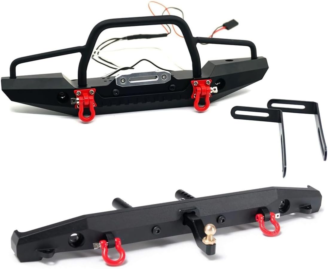 RCLions Metal Front and Rear Bumper with Lights/Shackles/Trailer Hitch for TRX4,SCX10-ii 90046 1/10 RC Crawler Car