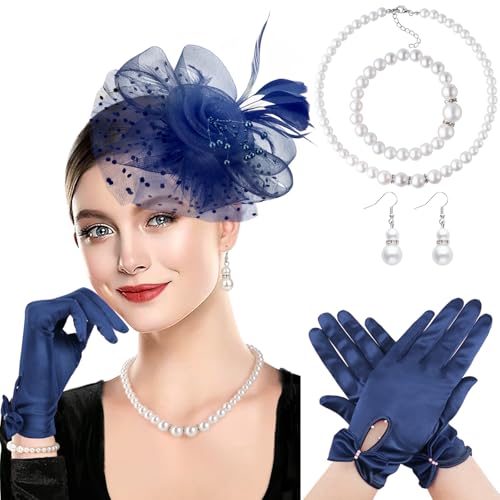 Image of DRESHOW 1920s Vintage Fascinators Hat for Women Veil Mesh Tea Party Derby Hat Bow Satin Gloves Pearl Jewelry Set for Cocktail