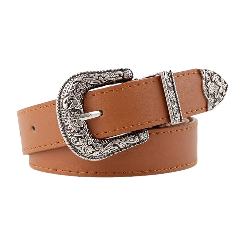 Xiao Hua Unisex Classic Leather Jean Belt with Vintage Ornate Buckle, 46.45in(118cm) Length, Ideal for Daily & Casual Wear(Brown