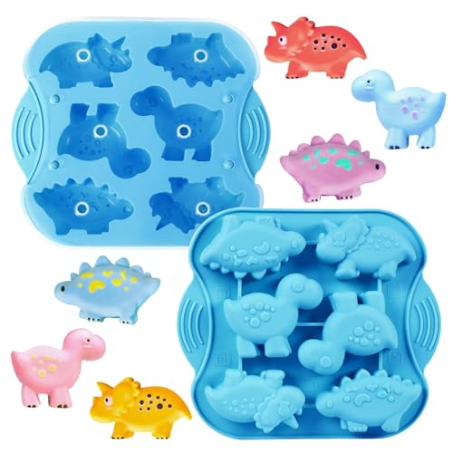 2-Pack Silicone Dinosaur Molds with Lids, Multi-Purpose Jello Molds for Kids, Dinosaur Silicone Mold for Chocolate, Baking & Crafting Tool for Cake, Candy, Jello, Ice Cubes - Blue  