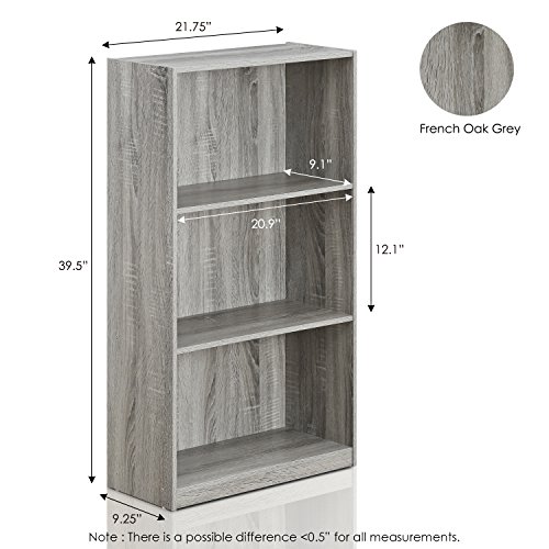 Furinno Basic 3-Tier Bookcase Storage Shelves, French Oak Grey