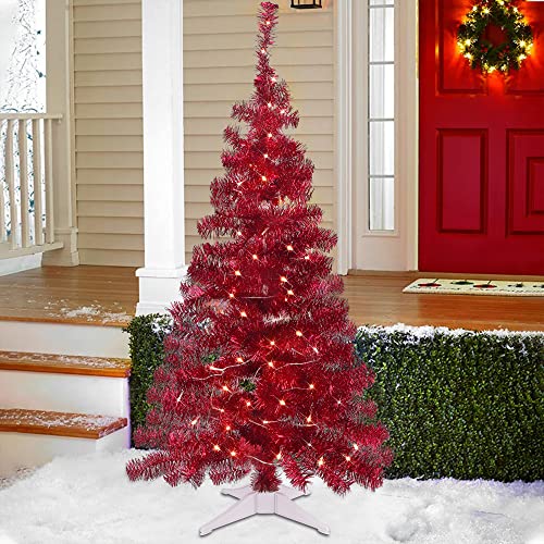 Juegoal 4 Ft Pre-Lit Artificial Christmas Tree, Battery Powered Lighted Red Tinsel Pencil Pine Spruce Trees With 70 Warm White Led Lights, 8 Lighting Mode & Timer For Xmas Holiday Home Party Decor #TOP6