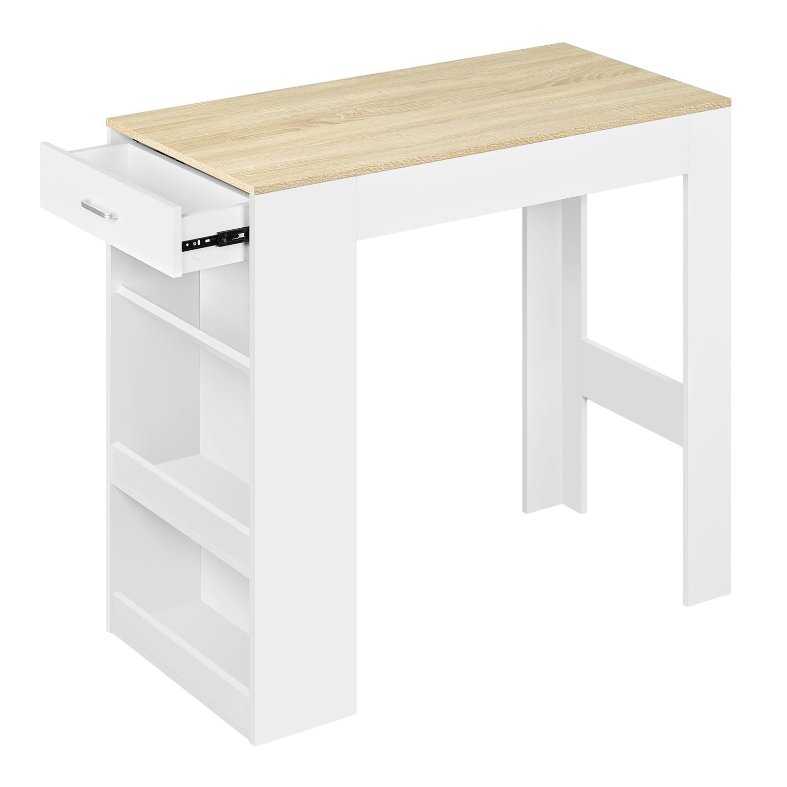 WOLTU Table de Bar, Table Haute Cuisine, 1 Tiroir et 3 Compartiments Ouverts pour Rangement Latéral, en Bois d'Ingénierie (avec Planches en Bois, Chêne Clair + Blanc, 100 x 50 x 100 cm)