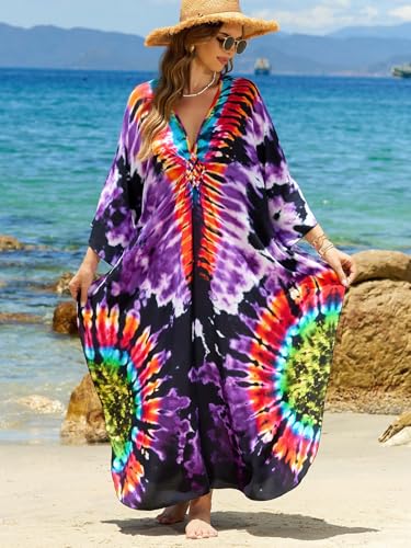Image of IMAGEKOPE Women's Plus Size Animal Print V-Neck Batwing Kaftan Beach Dress Bathing Suit Cover-Up Loungewear