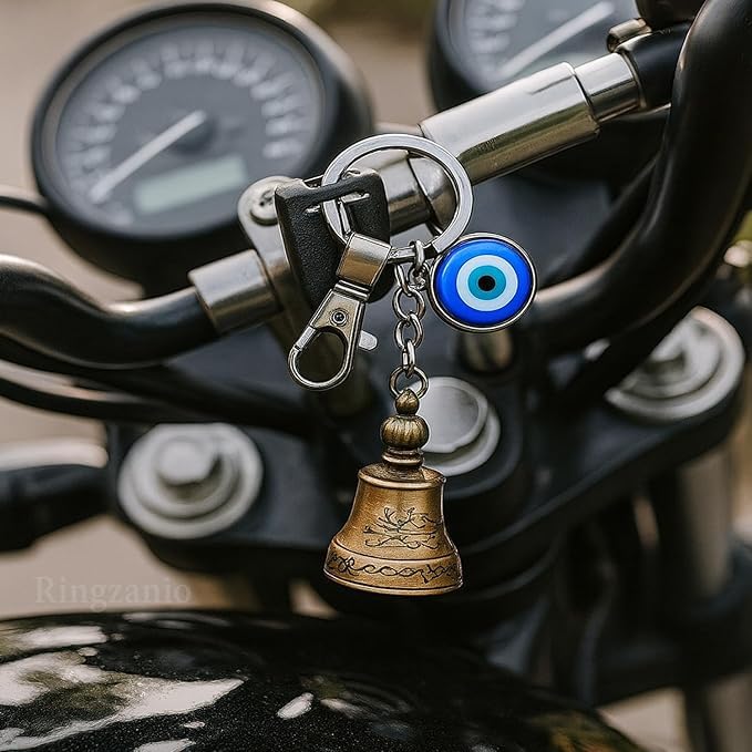 Image of Guardian Bell Keychain for Bike and Car | Tibetan Texture Bell Keychain with Evil Eye | Good Luck Charm Bell | Ghanti for Bike | Guardian Bell | Gift for Men | Protection Charm | Gift for Rider