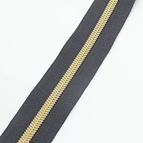 Image of #5 Gold Metallic Nylon Coil Zippers by The Yard Bulk 10 Yards Black Tape with 25pcs Gold Sliders for DIY Sewing Tailor Craft Bag Leekayer(Black)