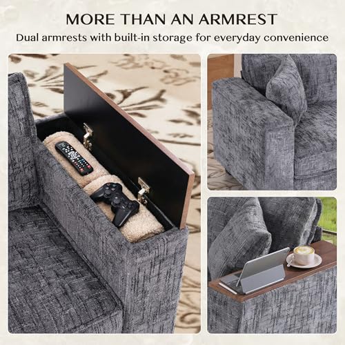 Image of 97 inch L Shaped Sectional Couch, Comfy Chenille Sectional Couch, Modular Convertible V Shaped Couch, 5 Seat Corner Sofa with 2 Pillows & Storage Armrests for Living Room, Grey