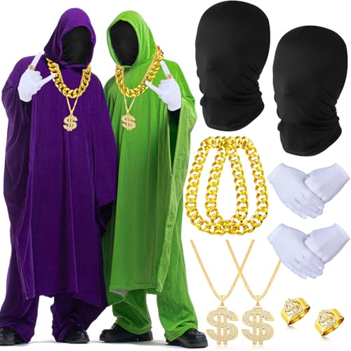 Yearntown 10 Pcs Halloween Wizard Costume Accessory Includes 2 Black Full Face Masks 2 Gloves 2 Gold Chains 2 Money Chains 2 Dollar Rings Cosplay Outfits for Men Adults Party NO Cloaks