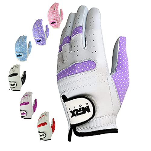 Mrx Women Golf Glove Left Handed Golf Gloves Sweat Resistant Soft Cabretta Leather Regular Fit Women Golfer Glove | Stable Rain Grip Golf Glove Women Left Hand | Winter Womens Golf Gloves White Purple #TOP7