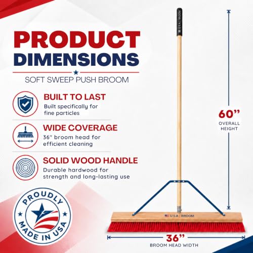 Image of 2-Pack - 36 inch Soft /Fine Sweep Indoor Push Broom with 60 inch Handle. Ideal for Epoxy & Polished Floors. Durable American Made Steel Brackets-All Stainless Steel Hardware. No Plastic. 100% USA Made
