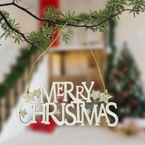 Trimming Shop Targa in legno da appendere con scritta "Merry Christmas", per porte e finestre, decorazioni natalizie con glitter dorati, per interni ed esterni