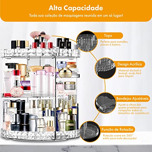 Organizador de Maquiagem Acrílico Giratório 360 Completo para Cosméticos - Pincel, Base, Batom, Corr