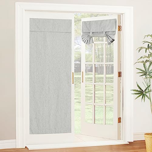 PONY DANCE Thermal Insulated Linen Door Curtains Silver Grey, Portable French Door Curtains Tie Back No Drilling Full Blackout Patio Door Blinds for Window Privacy, 26x69-Inch, 1 Pc