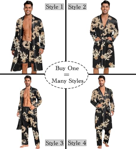 Image of SWOMOG Mens 3 PCS Satin Robe with Pants & Shorts Set Kimono Bathrobe Long Sleeve Sleepwear Pjs Sets with Pockets