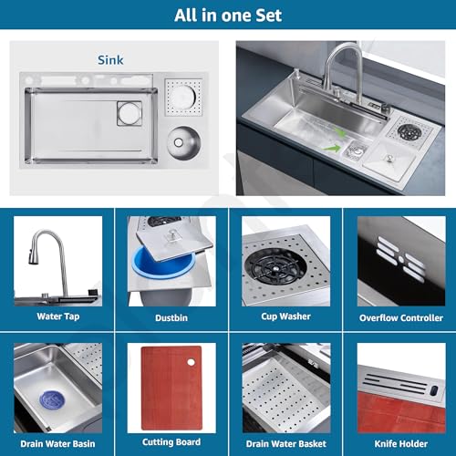 Image of Plantex 304 Grade Stainless Steel Smart Waterfall Sink /Kitchen Sink with Integrated Waterfall, Cupwasher, Dustbin and Digital Display - All in One Sink for Kitchen (38x18x9 Inch - Silver Matt)