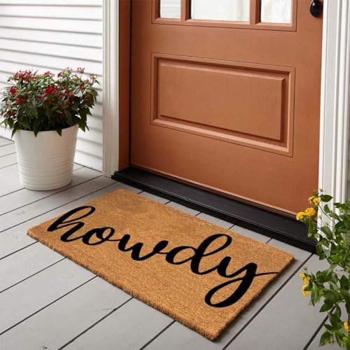 Image of Funny Coir Doormat - Texan Welcome Howdy Hello Front Porch Decor - Personalized Rug, PVC Backing, Non Slip Outdoor Coconut Coir - 23.6 x 15.7 inch House Warming Gift