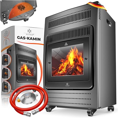 KESSER® Gasheizer Gasheizofen Heizstrahler 3,4 kW Gas Kamin inkl. Gasdruckregler & Gasschlauch, 2 Heizstufen Infrarot 3400W Gasheizstrahler Gasheizung Butan- oder Propangasflaschen bis 11kg Grau