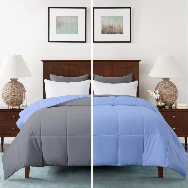 MammaYo Razzai Summer Season 100 GSM Ac Comforter Super Soft Fluffy Revesible Comforter (90" x 90" Inches/228cm x 228cm) - Queen Size Comforter|Silver/Sky Blue| TC - 400