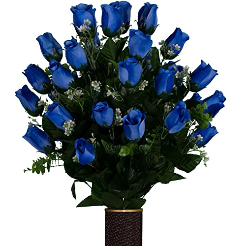 Sympathy Silks Artificial Cemetery Flowers - Realistic - Outdoor Grave Decorations - Non-Bleed Colors - 2 Blue Rose Bouquets And A Matching Saddle For Headstone #TOP1