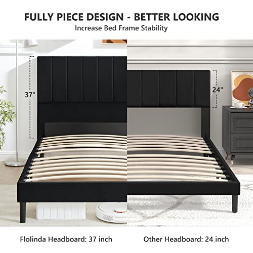 Flolinda Twin Bed Frame With Velvet Upholstered Headboard, Wooden Sprung Slat Support Extend Mattress Life, Modern Platform Bed Frame No Box Spring Needed, Easy Assembly, Black #TOP3