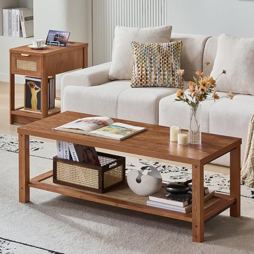 Lerliuo Boho Coffee Tables for Living Room, Rattan Center Table with Open Storage Shelf, Tea Brown