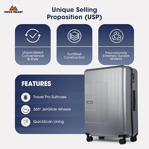 Image of Move-Meant Travel Pro Small & Medium 55 & 66Cm Suitcase 8 Wheels Number Lock Poly Carbonate Silver Trolley Bag for Men & Women | 360 Degree Wheeling Luggage | Trolley Bags for Travel