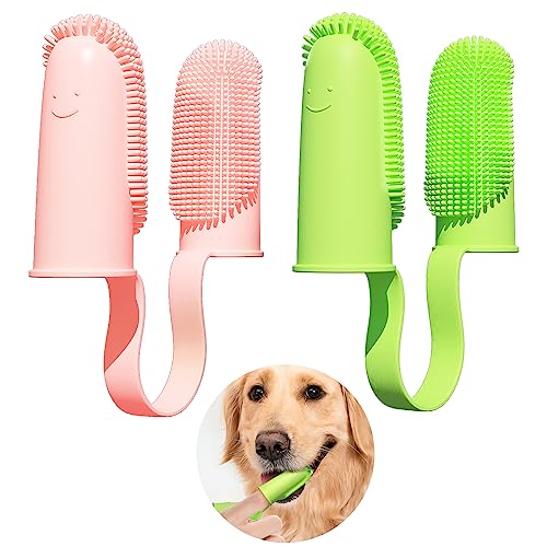 Image of Finger Toothbrush 2 Pack - 135 Surround Bristles for Dog Teeth Cleaning, Pet Dental Care for Puppies, Cats and Small Dogs (Pink and Green)
