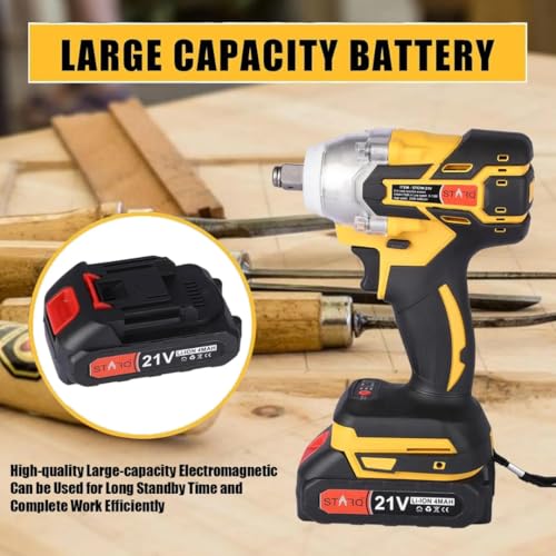Image of STARQ Heavy Duty 21V Cordless Impact Wrench with 2 Batteries 2 Variable Speed Build-In LED Lights Forward & Reverse Switch Yellow