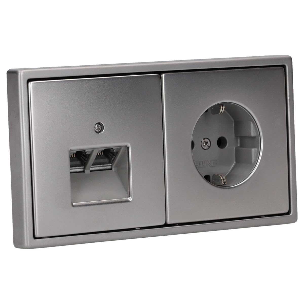 JUNG Serie LS Cat.6A Doppel-Netzwerkdose & Steckdose Set Edelstahl | mit Cat.6A UAE-Anschlussdose, ES2969-2UA Abdeckung, ES1520 SCHUKO Steckdose, ES2982 Rahmen 2-fach
