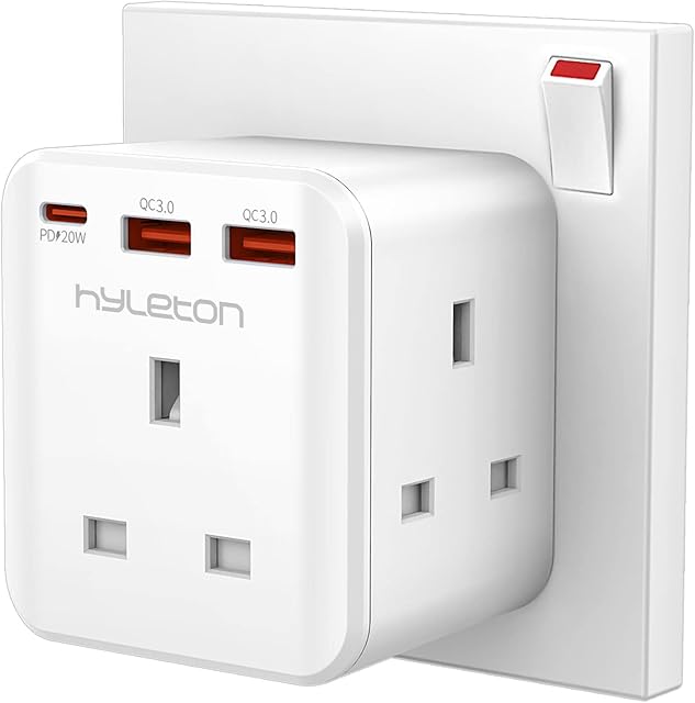 hyleton Plug Extension Cord 3 Way Plug UK,Multi Adapter with Fast Charging QC 3.0 Port 2 USB+1 Type C PD 20W 13A Cube Socket Adaptor for Home, Office, Kitchen