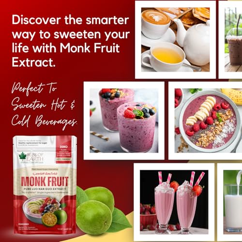 Image of Bliss of Earth Pure Monk Fruit Extract Powder Without Erythritol, Zero Calorie Natural Sugar Free Sweetener, Keto & Diabetic Friendly, Healthy Sugar Substitute for Tea, Coffee, Baking & Cooking, 42.52gm, 850 Servings