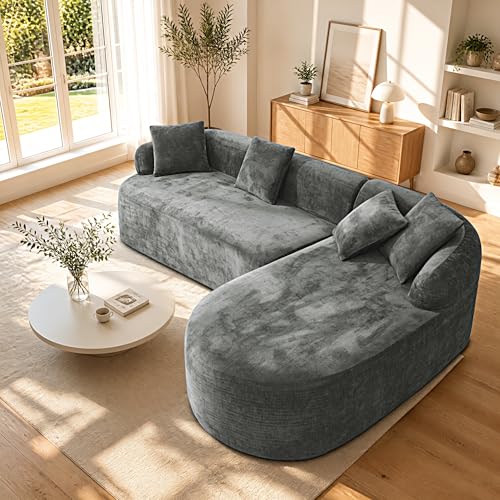 Image of 99 inch Curved Sectional Sofa with Chaise, Gray, Right Chaise+Left Sofa | Modern Boneless Couch, Deep Seat, L Shaped 3-Seater Cloud Couch, No Assembly Needed, Chenille