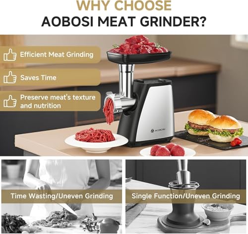 Image of AAOBOSI 4-in-1 Meat Grinder Electric [2800W Max], Vegetable Cheese Grater | 3 Slice, Shred Blades,2 Blades,3 Plates,Sausage Stuffer,Kubbe Kit, for Home Kitchen Use, Stainless Steel