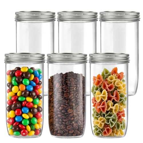 Xylanor 24 OZ Mason Jars Wide Mouth with Airght Lids 24OZ Tall Glass Storage Canning Jar Safe Preserving Food or Pickle Pack of 6