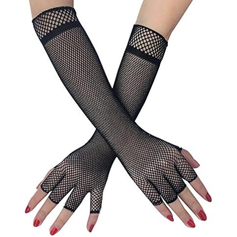 2 Pairs Black Lace Long Gloves for women, Women's Tulle Fingerless Gloves Long Wedding Bridal Opera Party Gloves, 6 Fishnet, Medium Cover