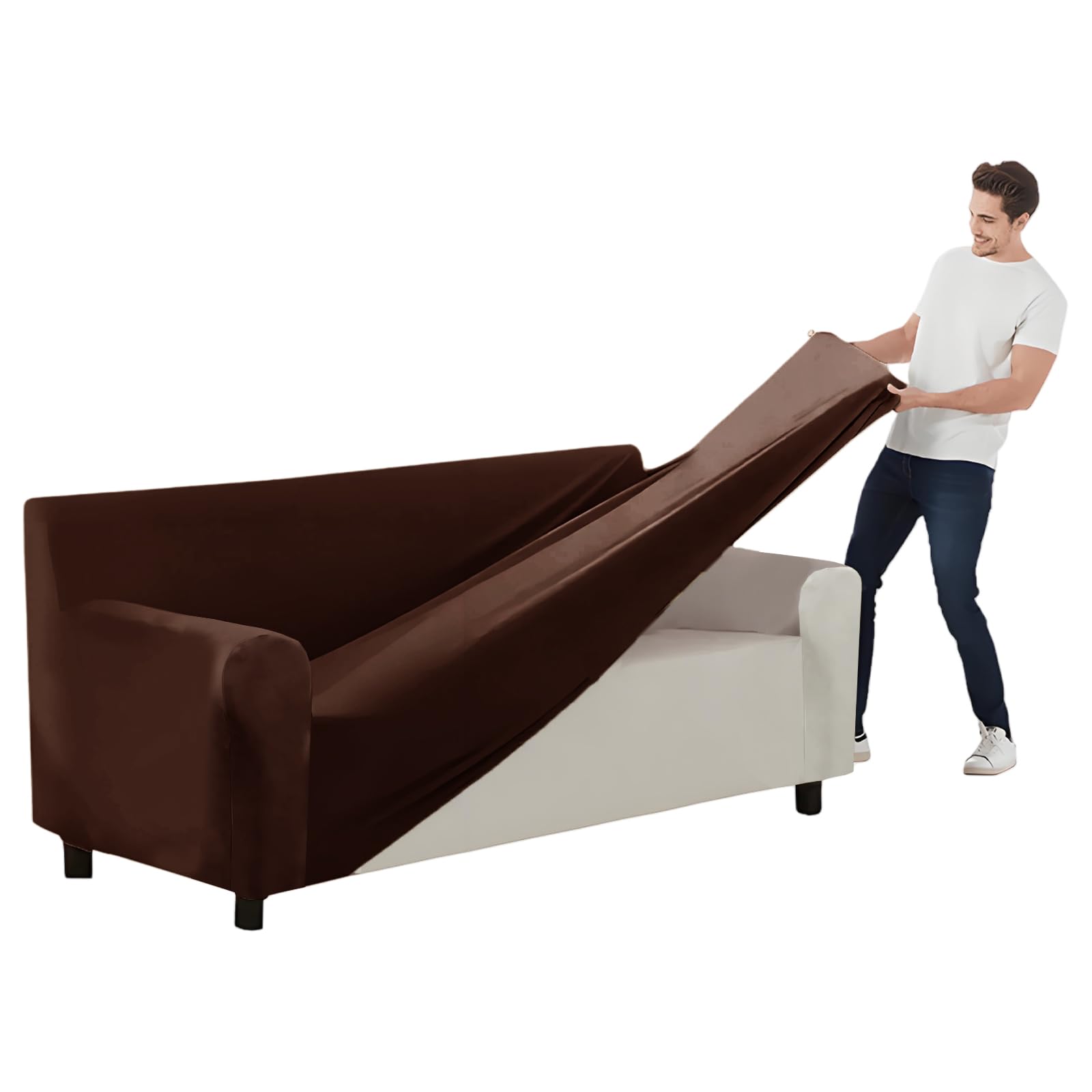 SYLC Stretch Ektorp Sofa Cover, Velvet Sofa Covers 1/2/3/4 Seater with Seat Cover and Back Cover, Non-slip Settee Covers Well-fitted (red coffee,235-300cm 1pc)